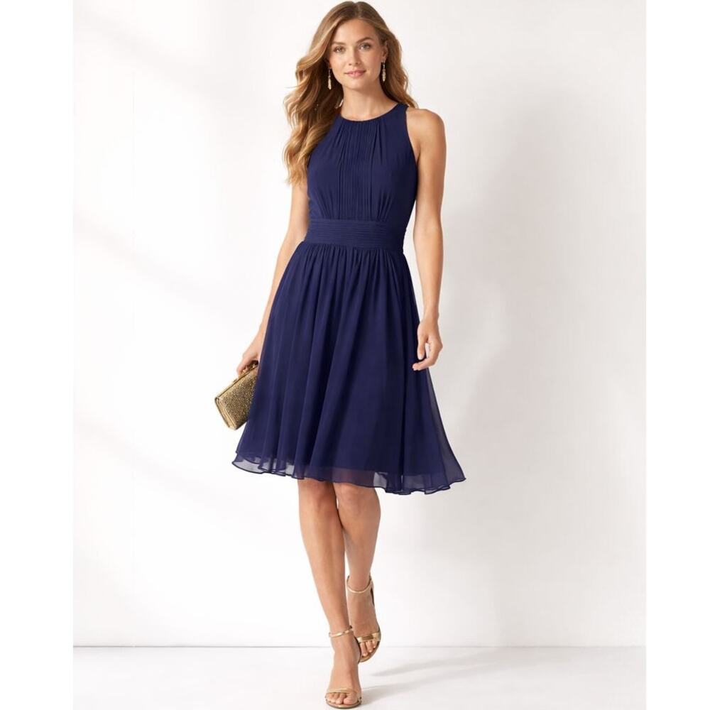 Ralph Lauren Evening Prom Dress Pleated Chiffon Navy Blue Sleeveless Size 6 NWT